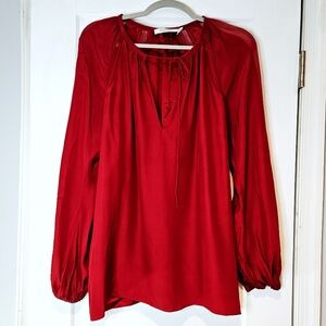 Altuzarra Red Silk Blouse Sheer Panels Tie Neck Balloon Sleeve Italy 42